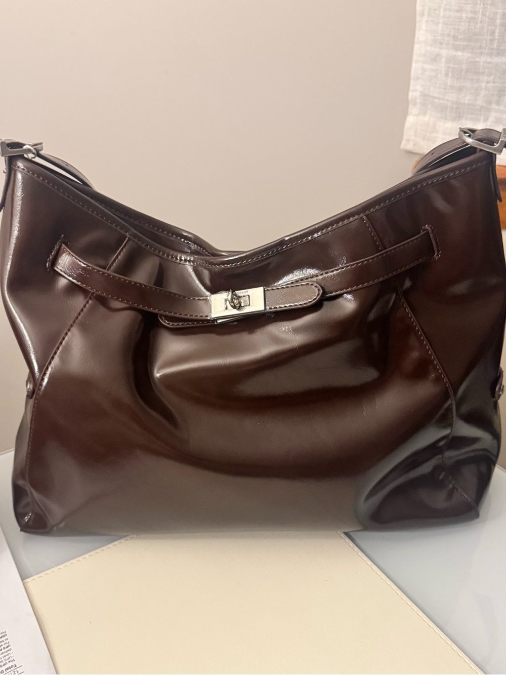 Classic dark Brown vegan patent Leather like Shoulder/Crossbody Bag-NWT
